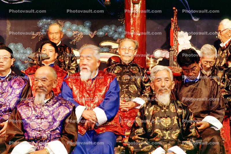 Men, beards, facial hair, costumes, male, Naxi Musicians, Lijiang, China
