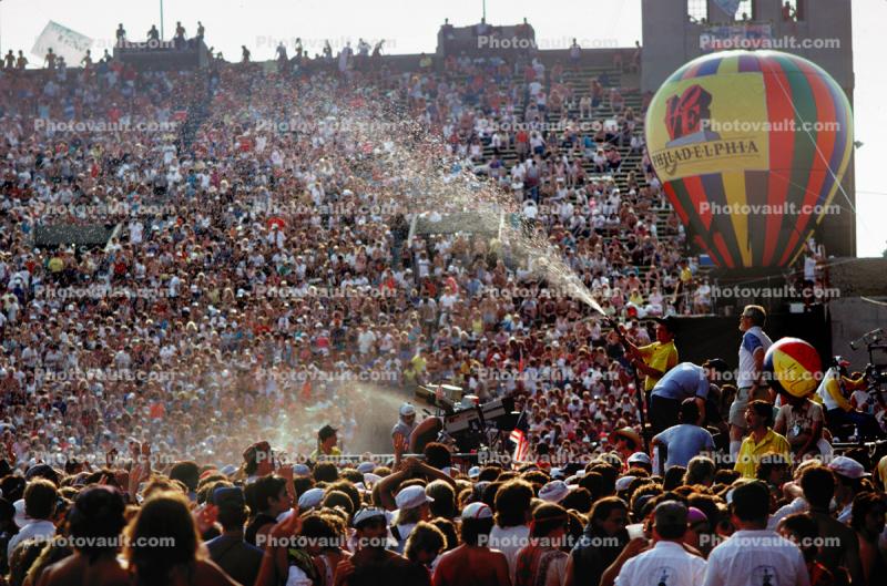 Water Spray, Audience, People, Crowds, JFK Stadium, Live Aid Benefit Concert, Philadelphia, Spectators, 1985