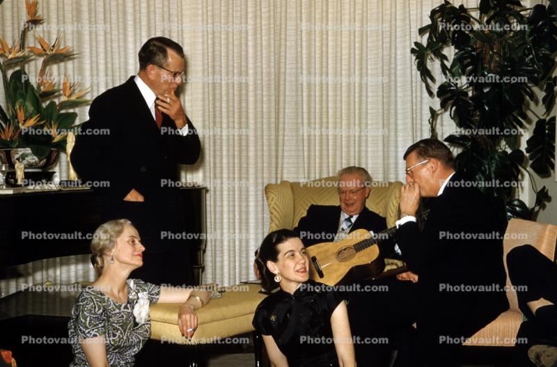 Man Plays Guitar, Party, Women, Curtains, 1950s
