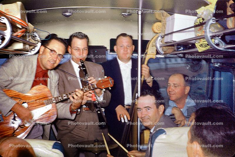 Bamd. String Bass, Guitar, Clarinet, playing in a bus, 1955, 1950s