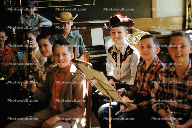 Cowboy Band, Clarinet, boys, hats, male, piano, music stand, 1950s