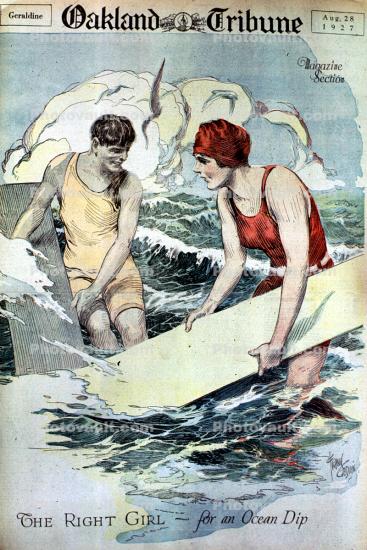 women, bathing suits, The Right Girl, for an ocean dip, surfboard, 1927, 1920's