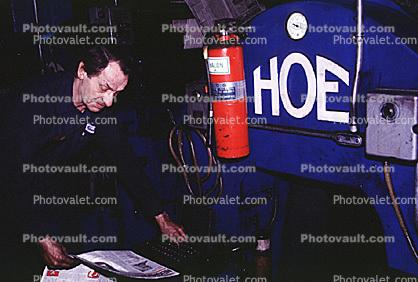 R Hoe & Company printing press, fire extinguisher, man, worker