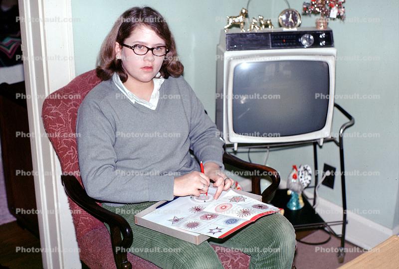 Woman Drawing, Television, Chair, Muncie, Indiana, 1969, 1960s