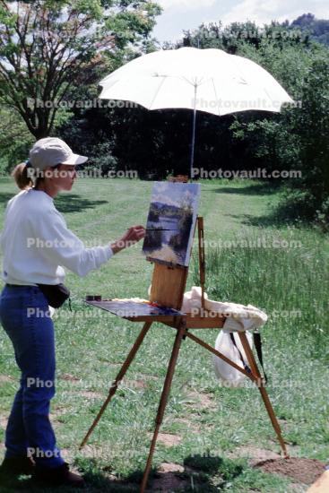 Woman Painting artwork, umbrella, outdoors, outside