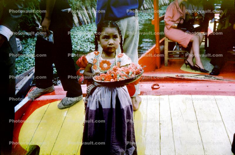 Mexican Indian Girl selling flowers, Boat, Miramar, Mexico City, September 1964