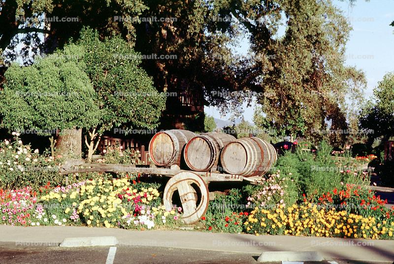 Wood, Wooden Barrels, Fermenting Tanks, cart, flowers, trees, garden
