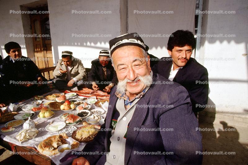 Men, man, mustache, eating, food, sitting, Samarkand