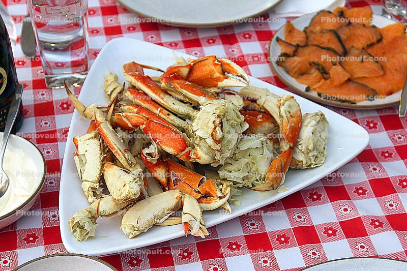 Cracked Dungeness Crab, plate, table, meal, dinner