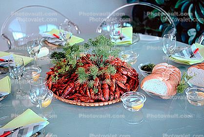 Crawdads, Crayfish, Table Setting, Bread, Glasses, Dill, Bread
