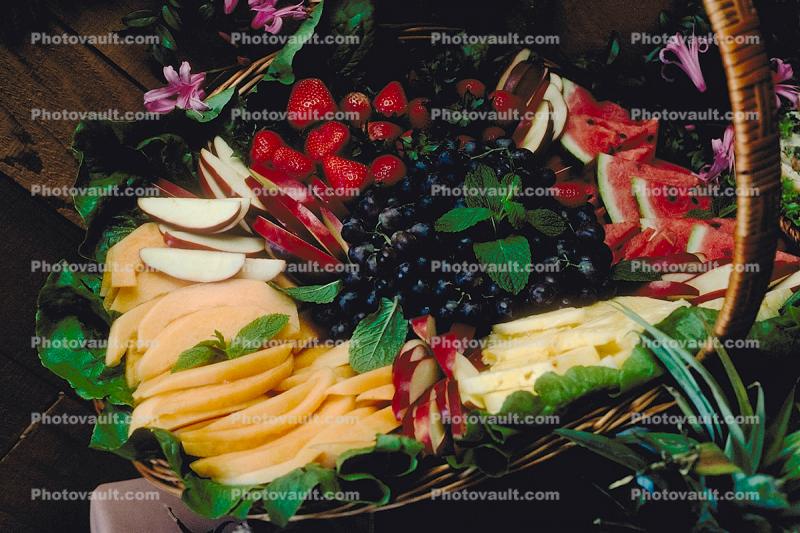 fruit cornucopia, Strawberries, Melons, Watermelon, Apples