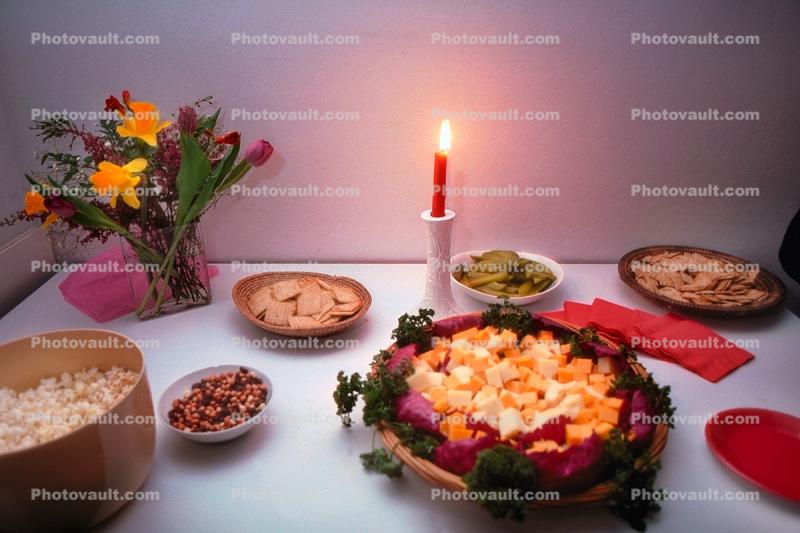 Cheese, Candle, Flowers, Crackers, Buffet