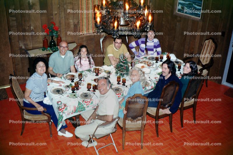 Christmas Dinner, Table Setting, dinner, women, men, feast, tree, chairs, 1960s