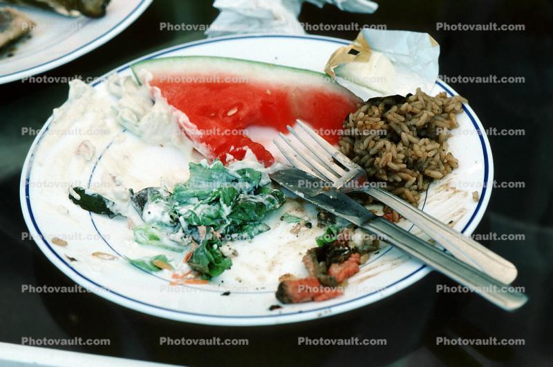 Half Eating Plate, Watermelon, Rice, Lettuce, Knife Fork, Plate