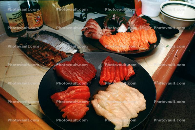 sushi, sashimi, plates, platters, raw
