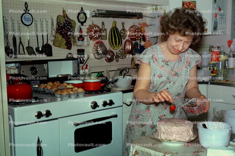 Woman Baking a Cake, Birthday, Stove, Utensils, Kitchen, Cupcakes, June 1973, 1970s