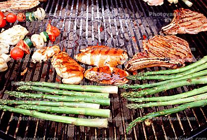 Meat, Steak, Chicken, Asparagus, Vegetables, Shish-Ka-Bob, Salmon, BBQ