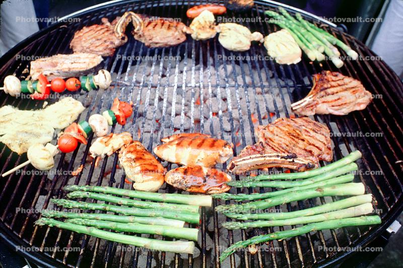 Meat, Steak, Chicken, Asparagus, Vegetables, Shish-Ka-Bob, Salmon, BBQ, Barbecue, Kentucky Derby Party