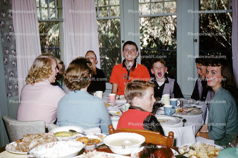 Family Dinner Party, Table Setting, women, men, boys, 1950s