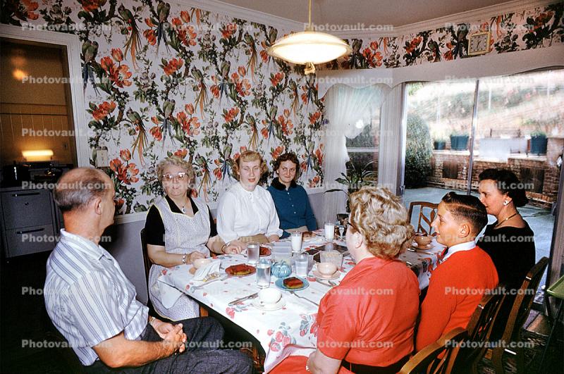 Family, Dinner Party, Table Setting, bread, women, men, wallpaper, 1950s