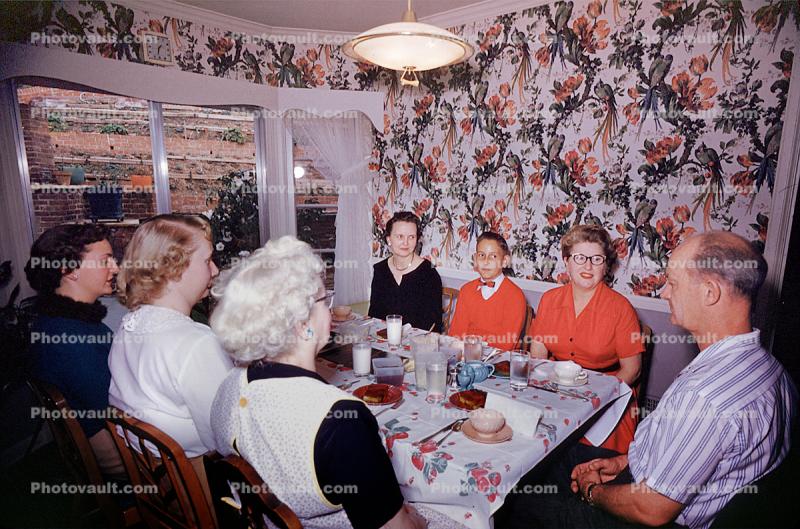 Dinner Party, Table Setting, dinner, bread, women, men, wallpaper, 1950s