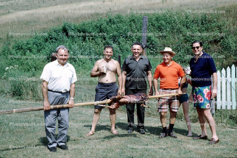 BBQ, Barbecue, Pig Roast, Guys, Men, Backyard, Friends, 1960s