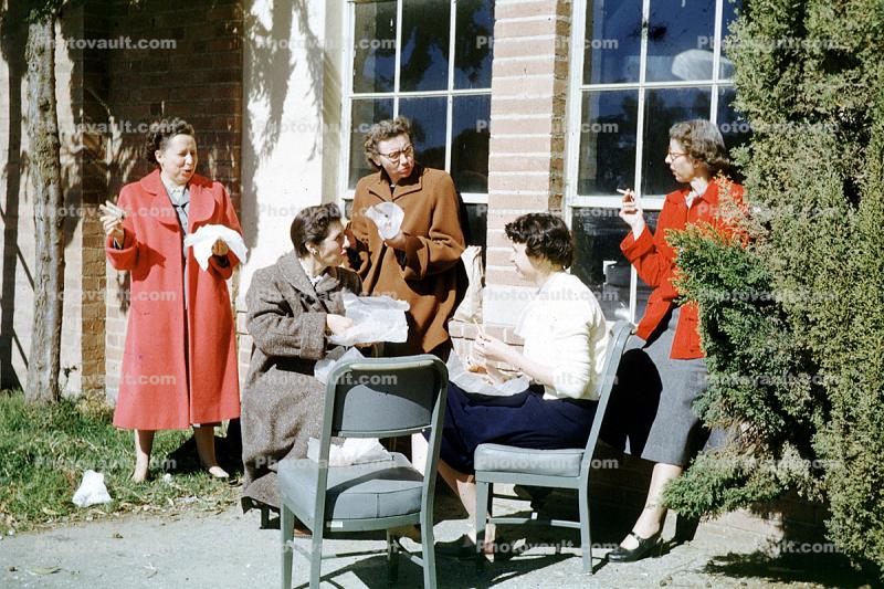 Lunch Party, Women, Coats, Backyard, Chairs, Eating Sandwiches, Cold, Smoking, 1940s