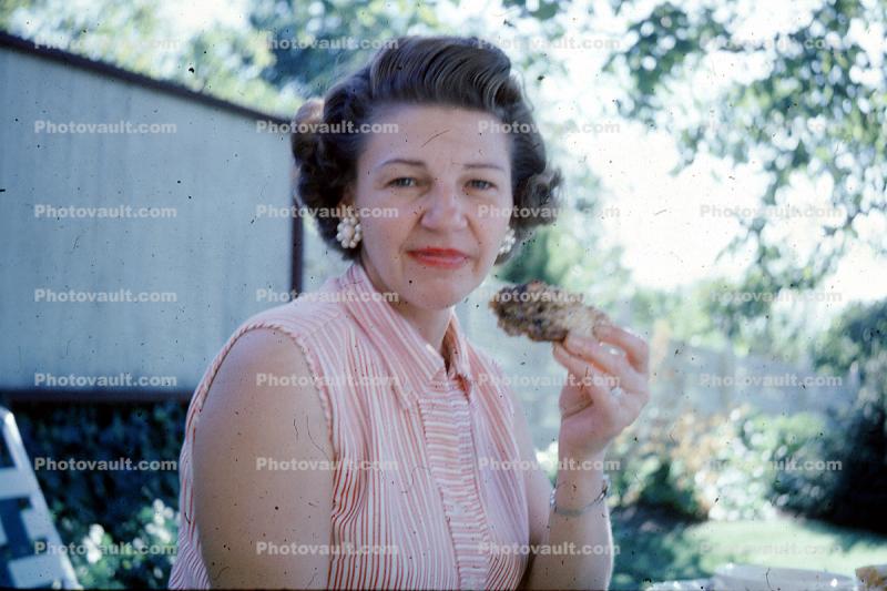 Woman, Earrings, Dress, Meat, Eating, Backyard, 1950s