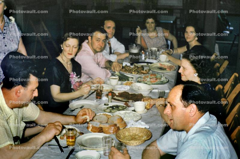 Table Setting, dinner, bread, woman, men, feast, 1950s