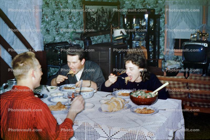 Table Setting, dinner, bread, woman, men, television, feast, 1950s