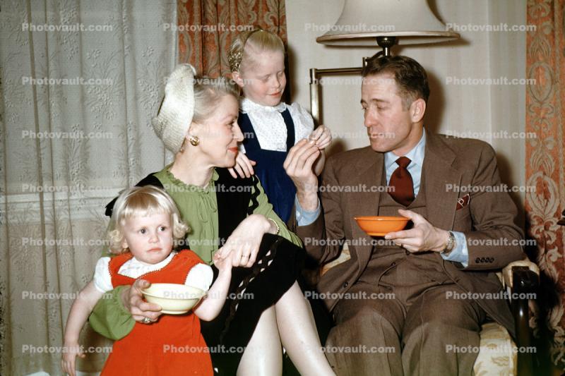 Noshing, girls, snaks, Table, plates, man, woman, 1950s