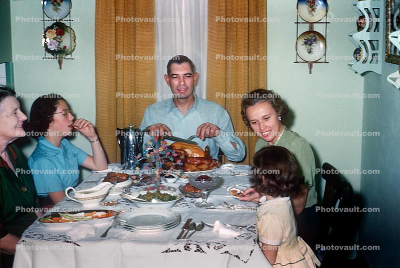 Turkey Dinner, Roast, Thanksgiving, Woman, Man, Carving, Turkey, Plates, Table, Setting, Formal, 1950s
