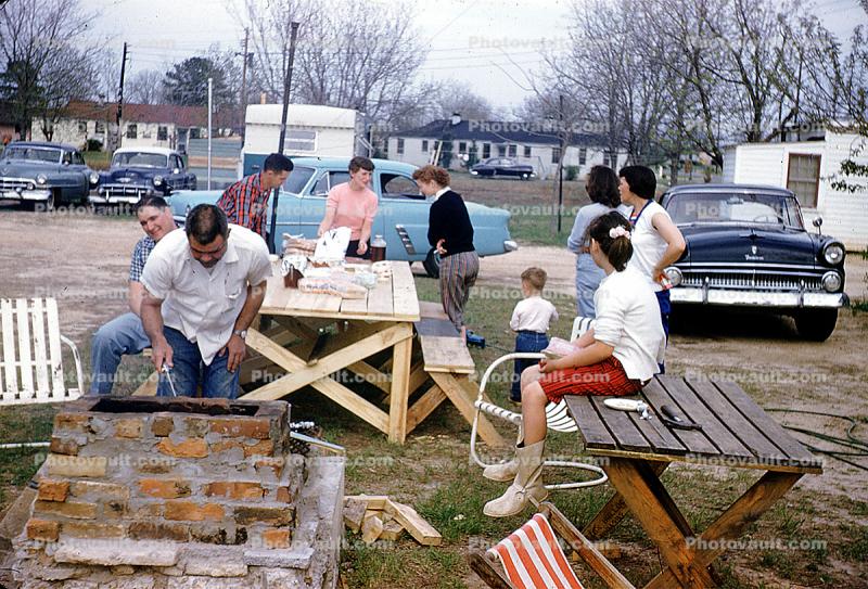 Man, Male, Grill, Cooking, Picnic Table, Chair, BBQ, Barbecue, outdoors, sunny, summer, 1958, 1950s