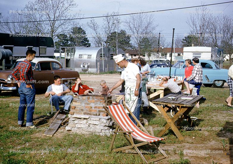 BBQ, Barbecue, Chefs Hat, Apron, Man, Male, Grill, Cooking, Picnic Table, Chair, outdoors, sunny, summer, 1958, 1950s