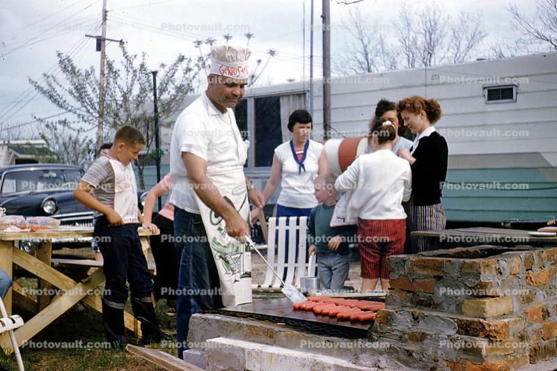 BBQ, Barbecue, Hot Dogs, Chefs Hat, Apron, Man, Male, Grill, Cooking, 1958, 1950s