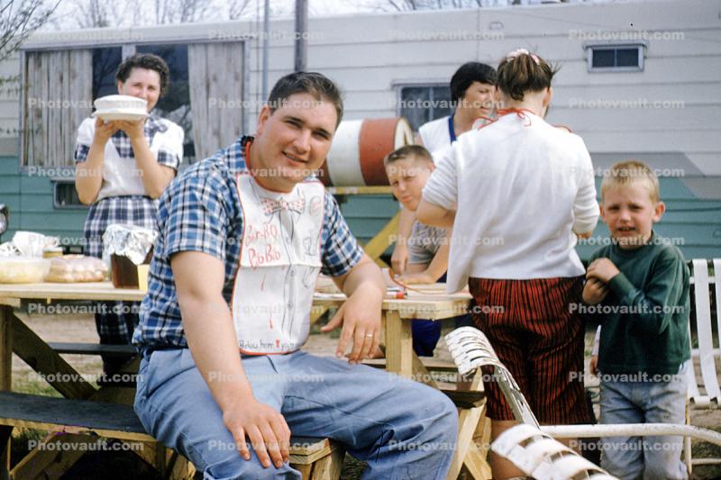 Picnic Table, Man, Male, Lunch, Sunny, Outdoors, Exterior, 1958, 1950s