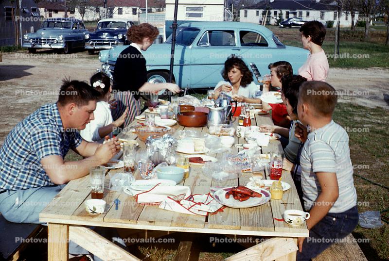 Picnic Table, Car, Man, Male, Lunch, Sunny, Outdoors, Exterior, 1958, 1950s