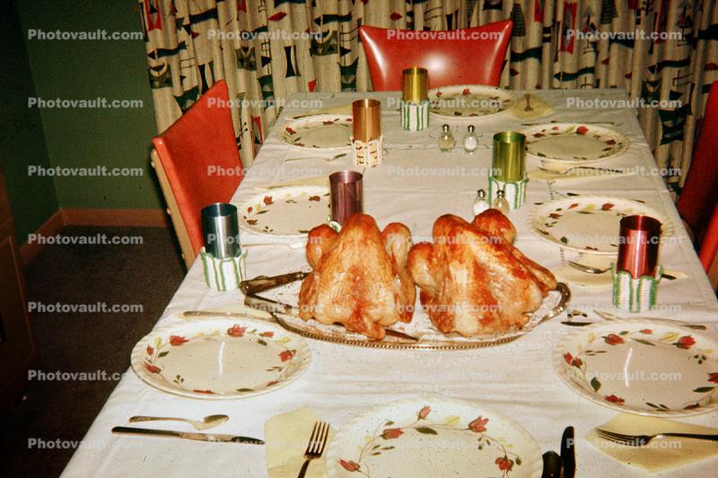 Turkey Dinner, Thanksgiving, Table Setting, Plates, Fork, Silverwear, Cups, 1950s