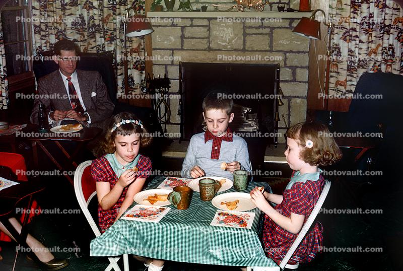 Family Gathering, Children's Table, Chairs, Fireplace, Twins, Thanksgiving Dinner, 1950s