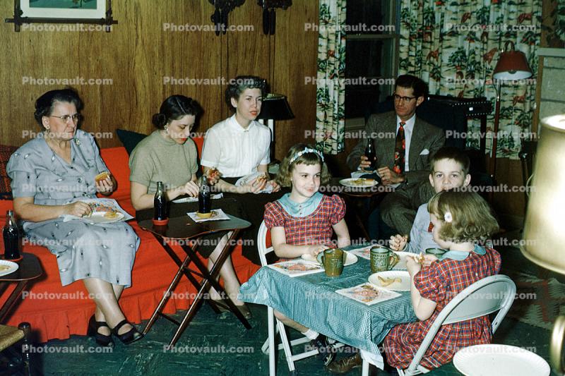 Family Gathering, Childrens Table, Chairs, Sofa, Thanksgiving Dinner, Twins, TV Trays, 1950s