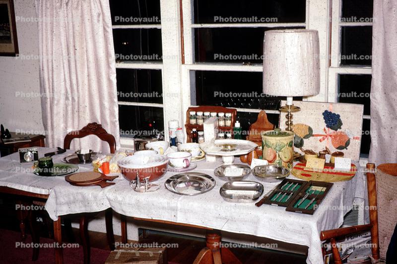 Table, Cloth, Lamp, lampshade, silverware, 1950s