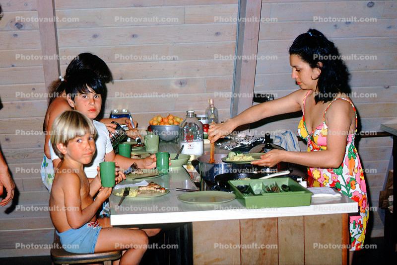 Lunch, informal, plates, water, silverware, woman, mod, boy, 1971, 1970s