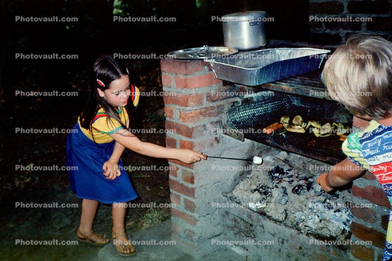 Girl roasting marshmellows, BBQ, Barbecue, 1977, 1970s