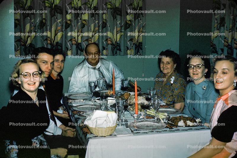 Dinner, woman, man, table setting, plates, 1940s