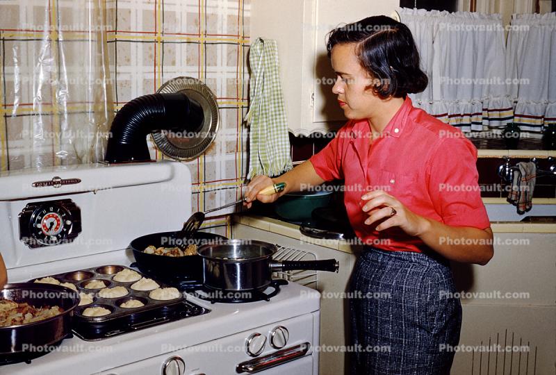 Cooking in the Kitchen, Burner, Pop Over, Buns, Clock, Pot, Oven, Women, bowl, 1950s