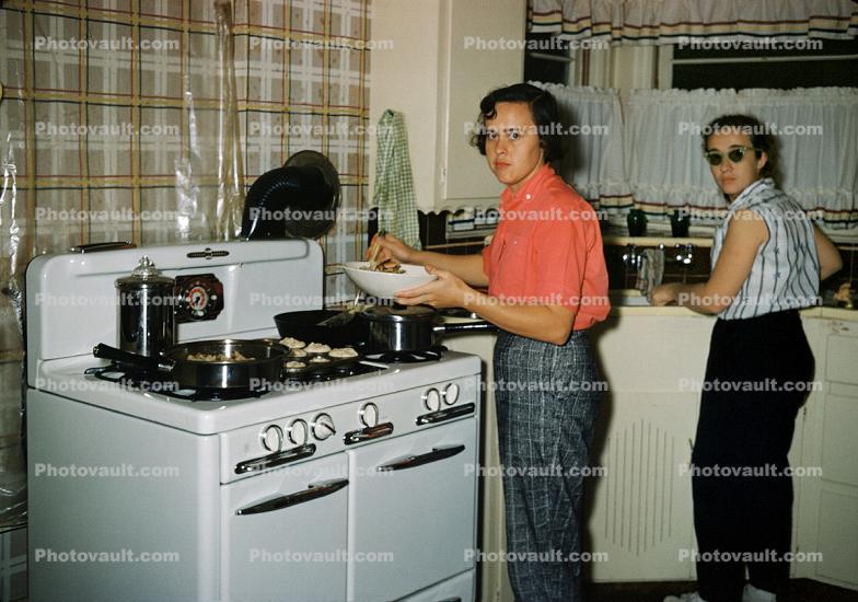Cooking in the Kitchen, Burner, Oven, Women, bowl, coffee maker, 1950s
