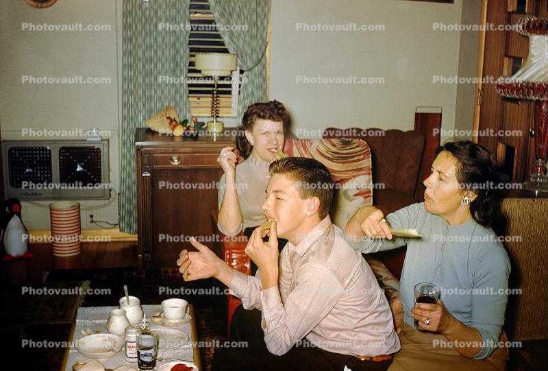 Eating in the Living Room, boy, girls, 1950s