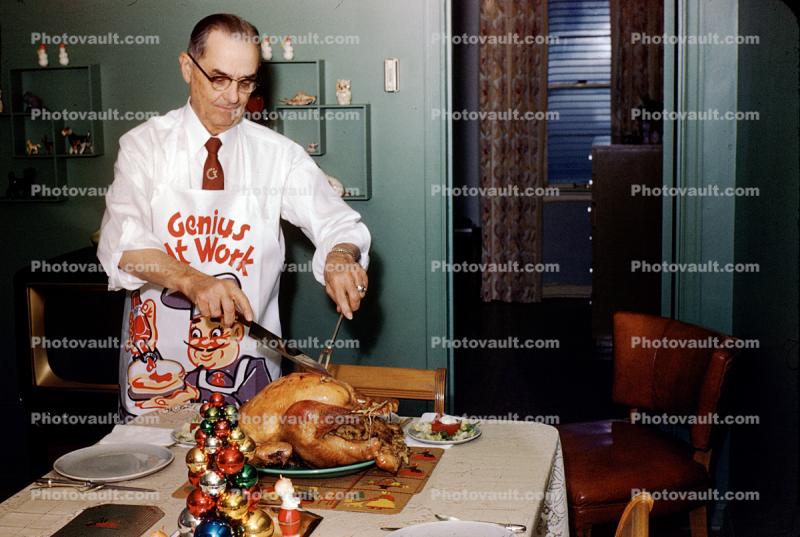 Carving a Thanksgiving Turkey, Slicing, cutting, man,, 1950s