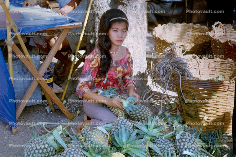 Beautiful Thai Woman Vending Pineapple, April 1964, 1960s