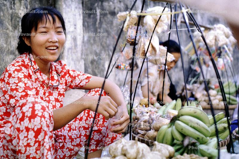 Woman, Smiles, Fruit, Bananas, Saigon, Vietnam